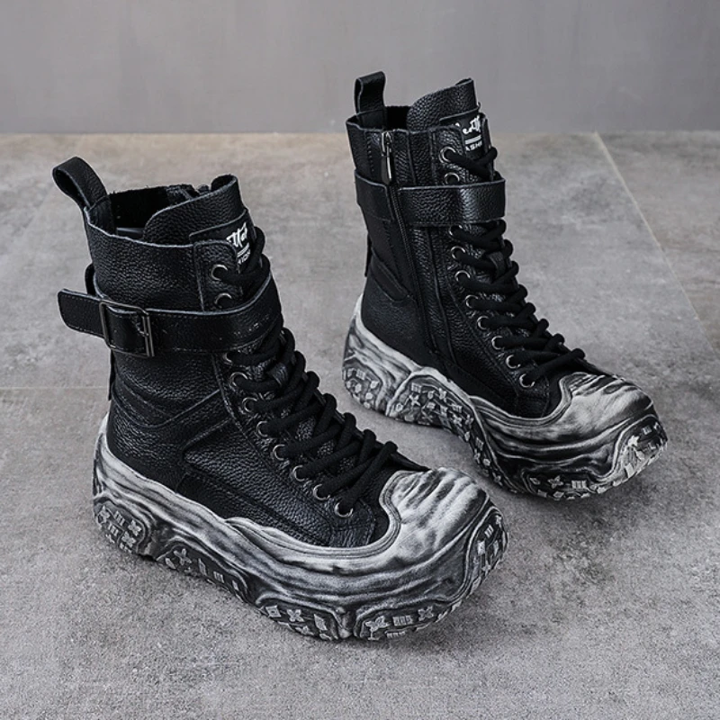 头层牛皮厚底擦色马丁靴2025秋冬季新款复古百搭加棉高帮短靴子女