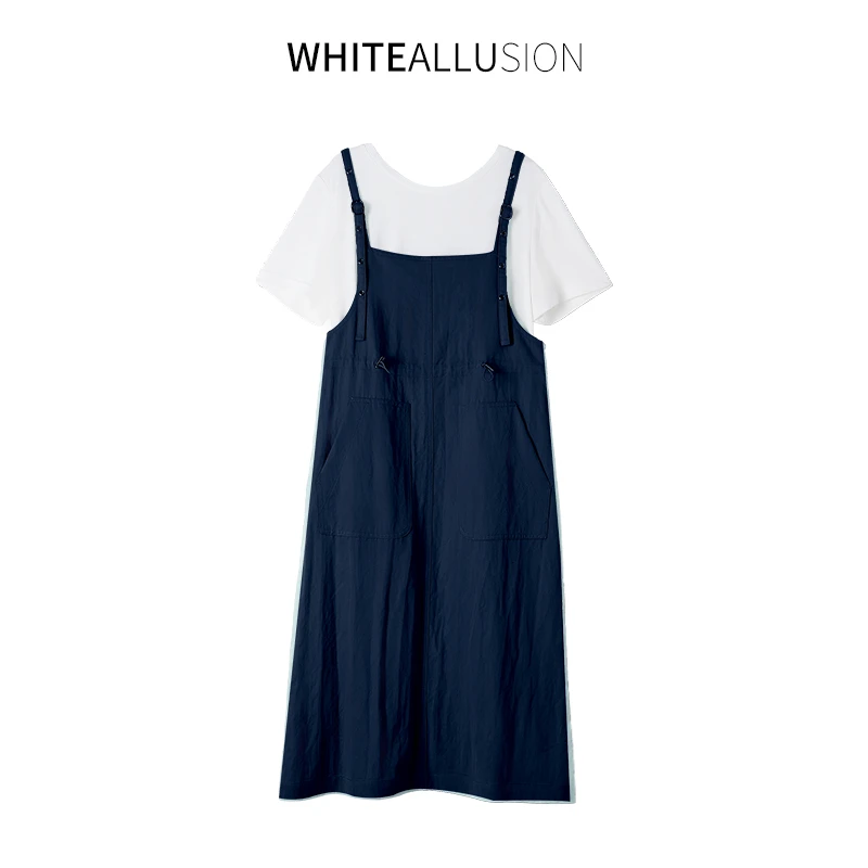 【素典上新】简约白T背带裙夏季新款肩带可调节长裙棉质两件套4542