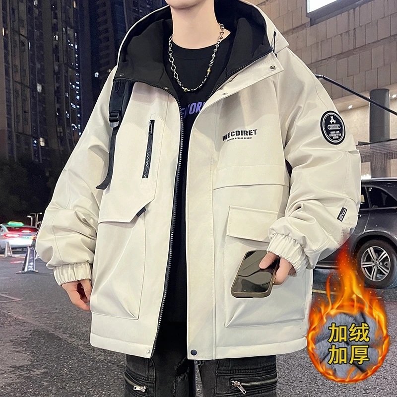秋冬新款加绒加厚保暖帅气潮流冲锋夹克美式男生休闲宽松连帽外套