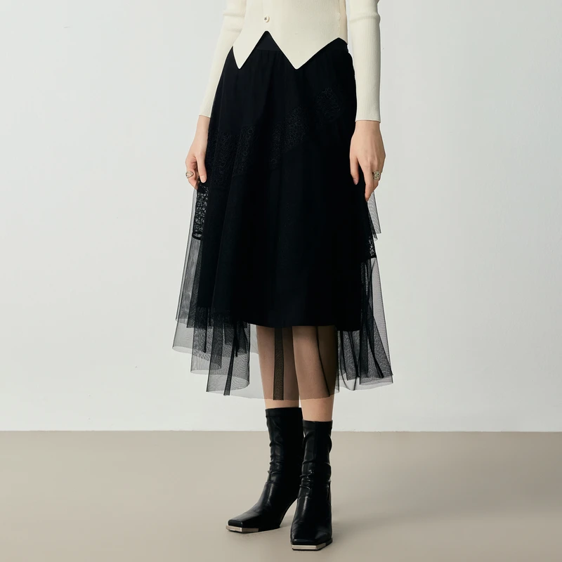 H·GENTEEL荷高23新秋女黑收腰网纱蕾丝A字蓬蓬半裙GCD31700728