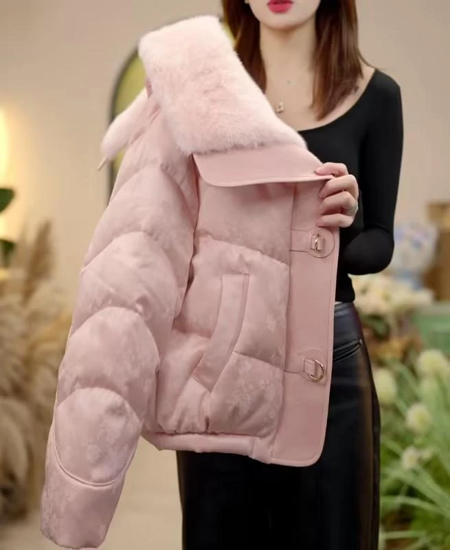 小香风粉色拼接气质翻领百搭棉服女短款2025冬季新款好看纯色外套