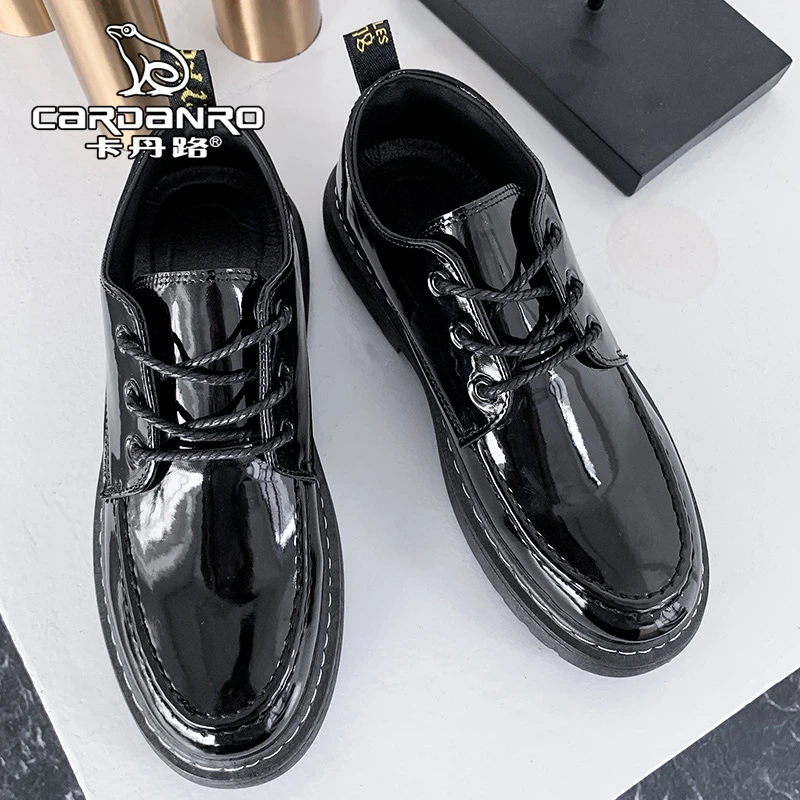 意大利卡丹路男鞋秋季黑色英伦风休闲皮鞋男士百搭厚底商务正装鞋