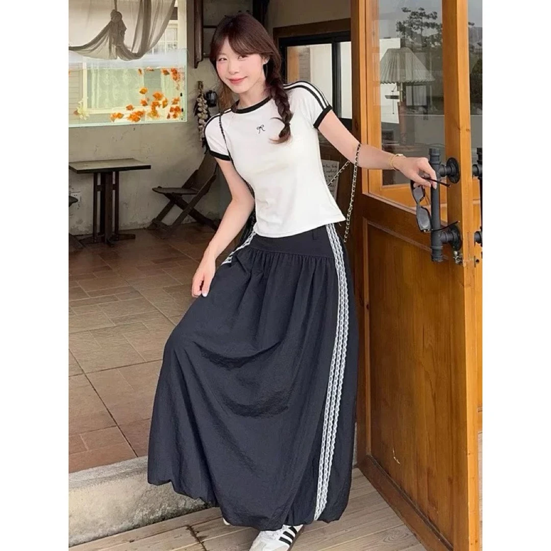 韩系设计感条纹蝴蝶结短袖t恤上衣+高腰显瘦花苞裙套装8105#0.1