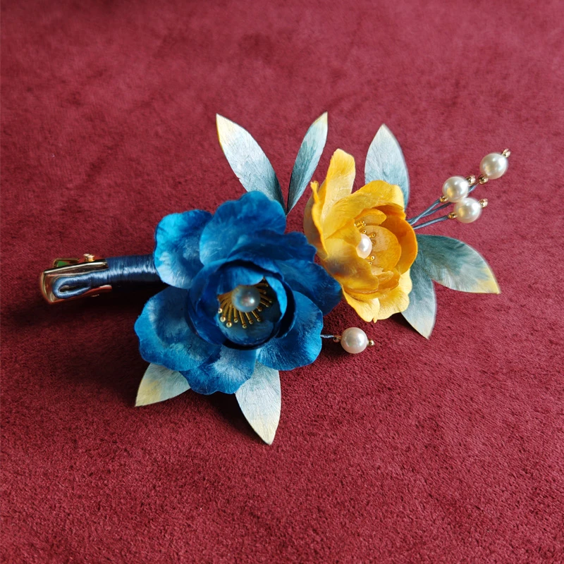 并蒂牡丹蓝黄 发夹非遗绒花发饰头饰新中式南京绒花古风旗袍发夹