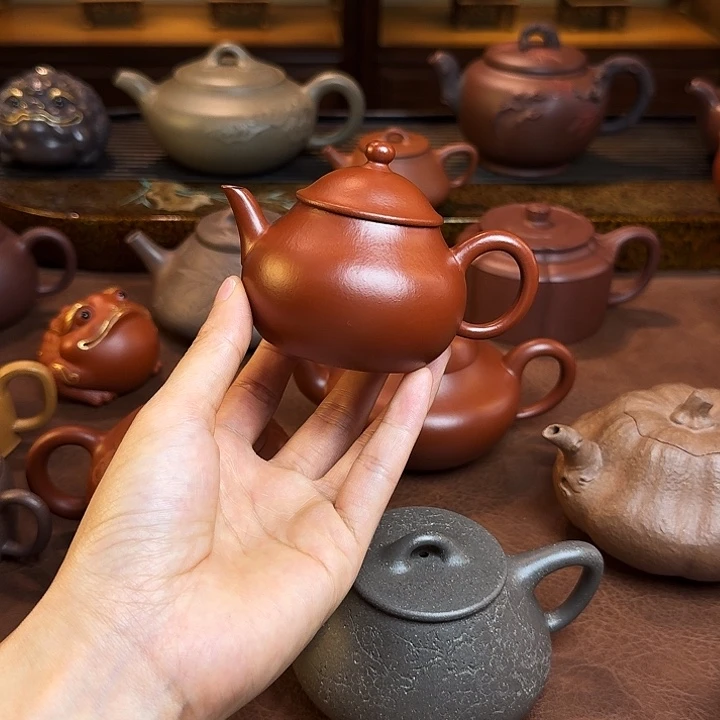 茶壶紫砂喝***子笠帽壶，朱泥