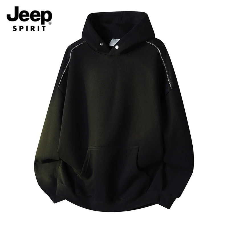 JEEPSPIRIT吉普水洗连帽款连帽拉链长袖纯色卫衣保暖翻领落肩袖