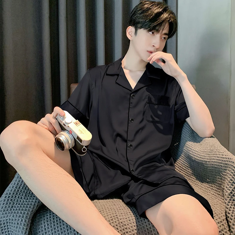 2025新款冰丝睡衣男士夏季短袖薄款夏天青少年仿真丝绸纯色家居服