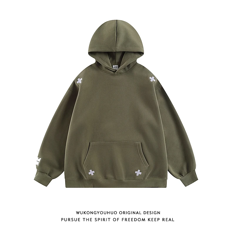 悟空有货潮牌刺绣400G重磅连帽卫衣男女美式运动宽松休闲情侣帽衫