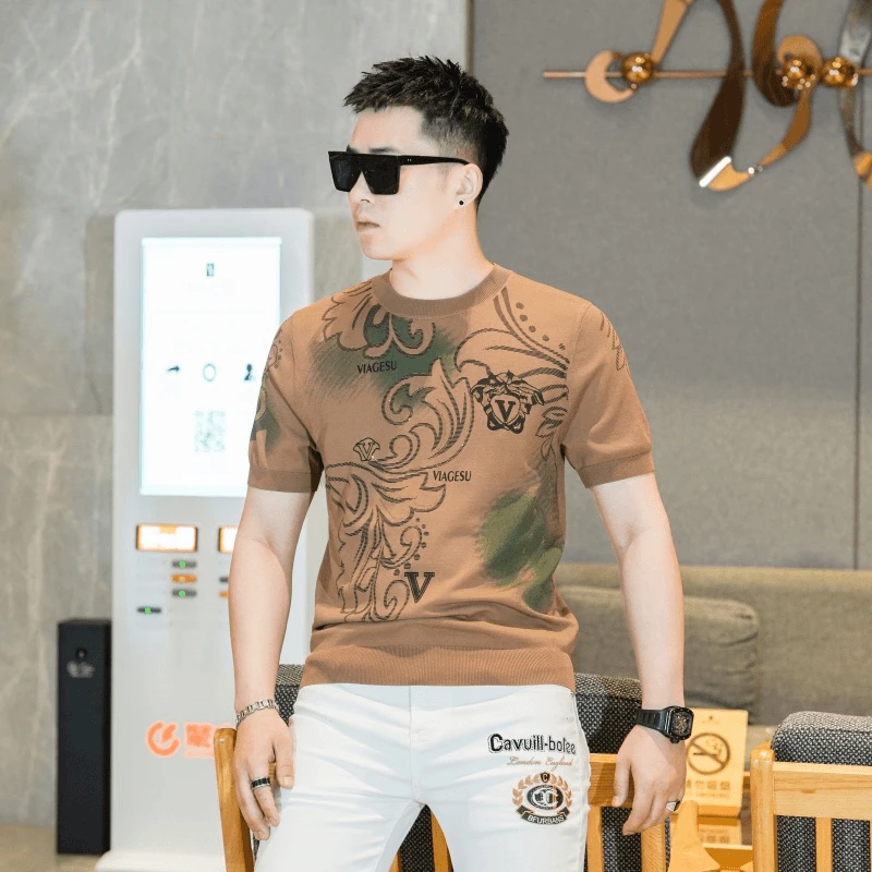 2025欧货轻奢男士夏季针织冰丝短袖T恤潮流印花时尚百搭半袖上衣