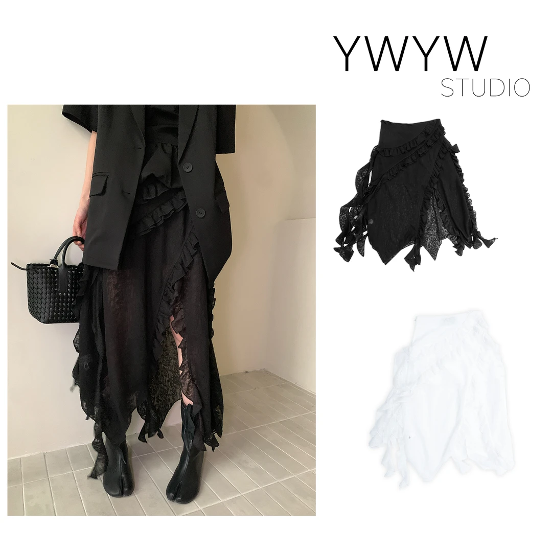 【YWYW25S/S】春夏设计感轻奢时尚不规则褶边边蕾丝镂空半身裙3925