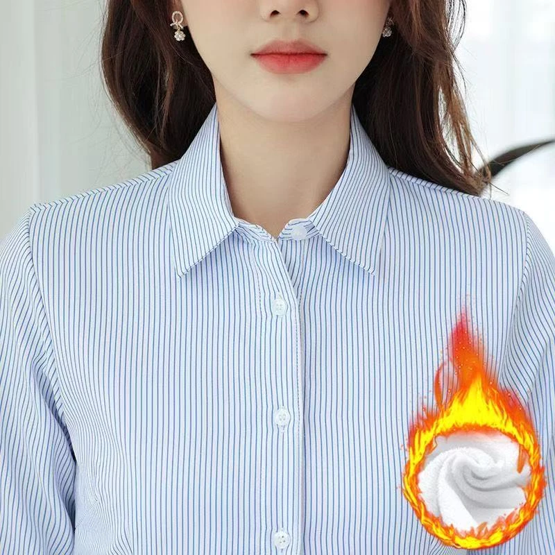 高档条纹衬衫女长袖秋冬款加绒职业正装工装银行工作服蓝白紫衬衣