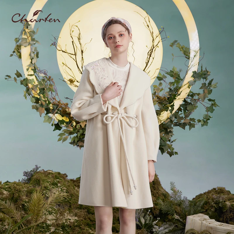 【媛媛专享】朝峰秋季新款气质大翻领白色呢大衣CFD3C151-1097A