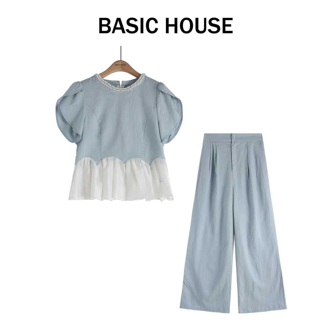 Basic House/百家好24年夏季显瘦百搭泡泡袖拼接套装B1335B58452