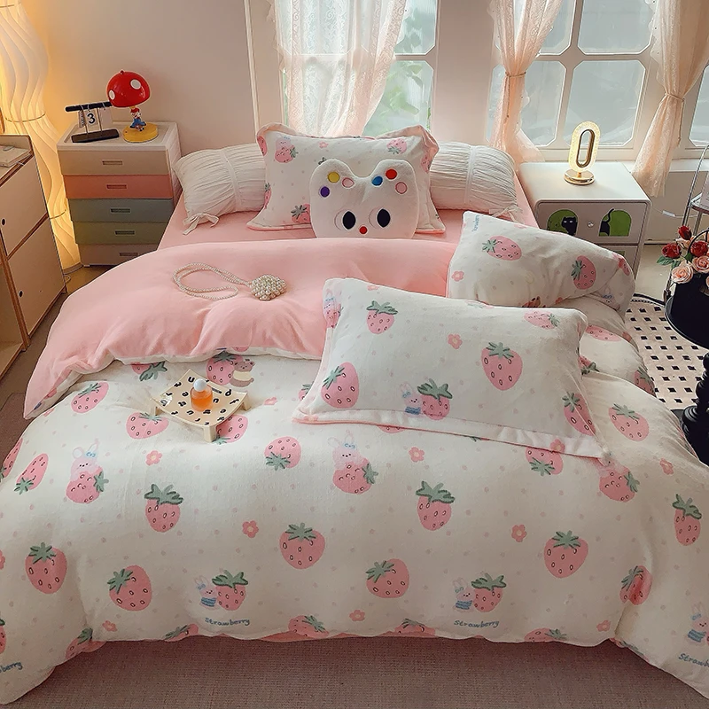 冬季加厚保暖牛奶绒四件套时尚卡通印花双面绒单人学生宿舍三件套