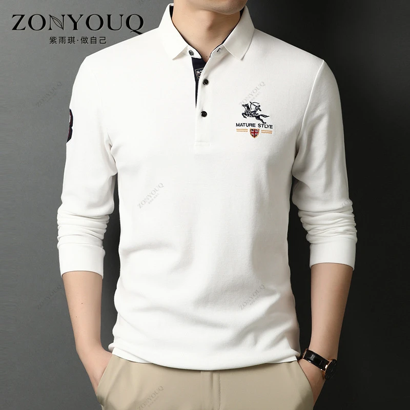 纯棉长袖T恤男春秋刺绣潮流翻领POLO打底衫体桖百搭修身纯色上衣