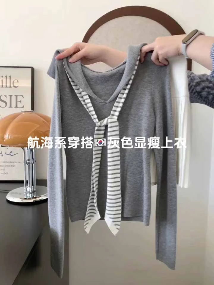 甜美学院风海军领披肩长袖T恤女早秋2025新款减龄小众修身上衣潮