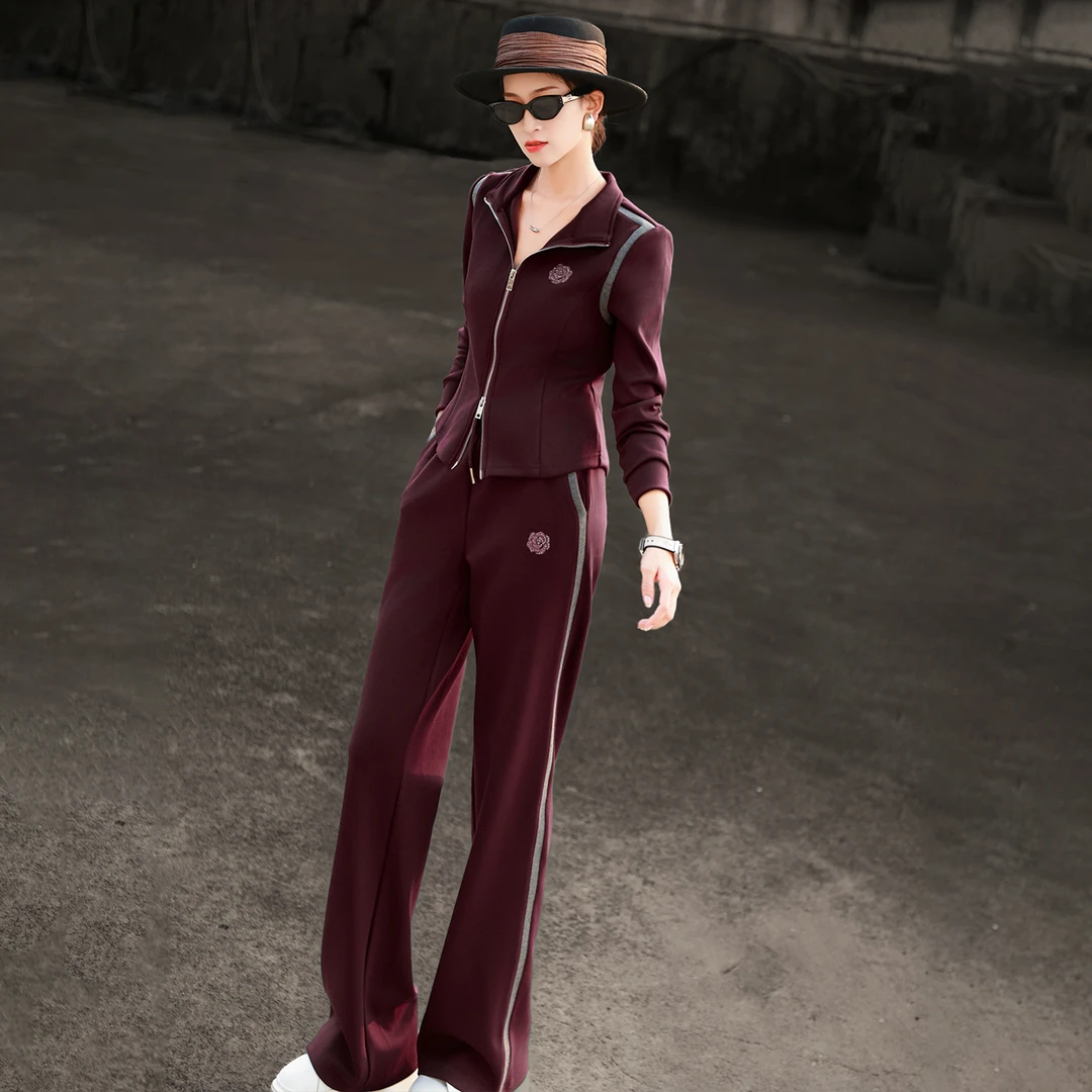 兰瑟儿冬季套装新款气质撞色拉链开衫高腰直筒裤两件套105DO1131