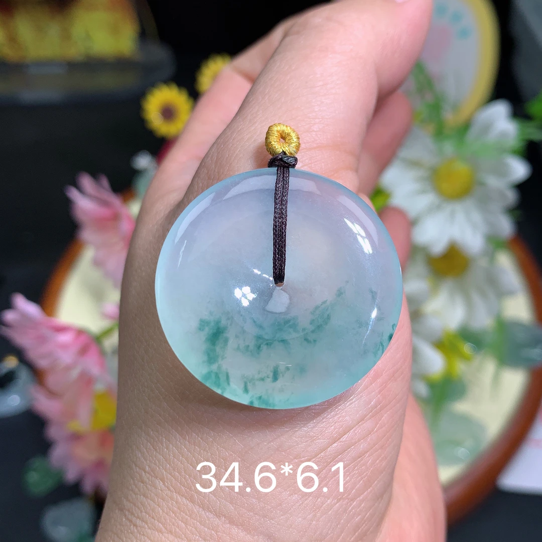 缅甸翡翠A货冰种飘花平安扣奇吊坠挂件水润百搭精致玉冰气质妈妈