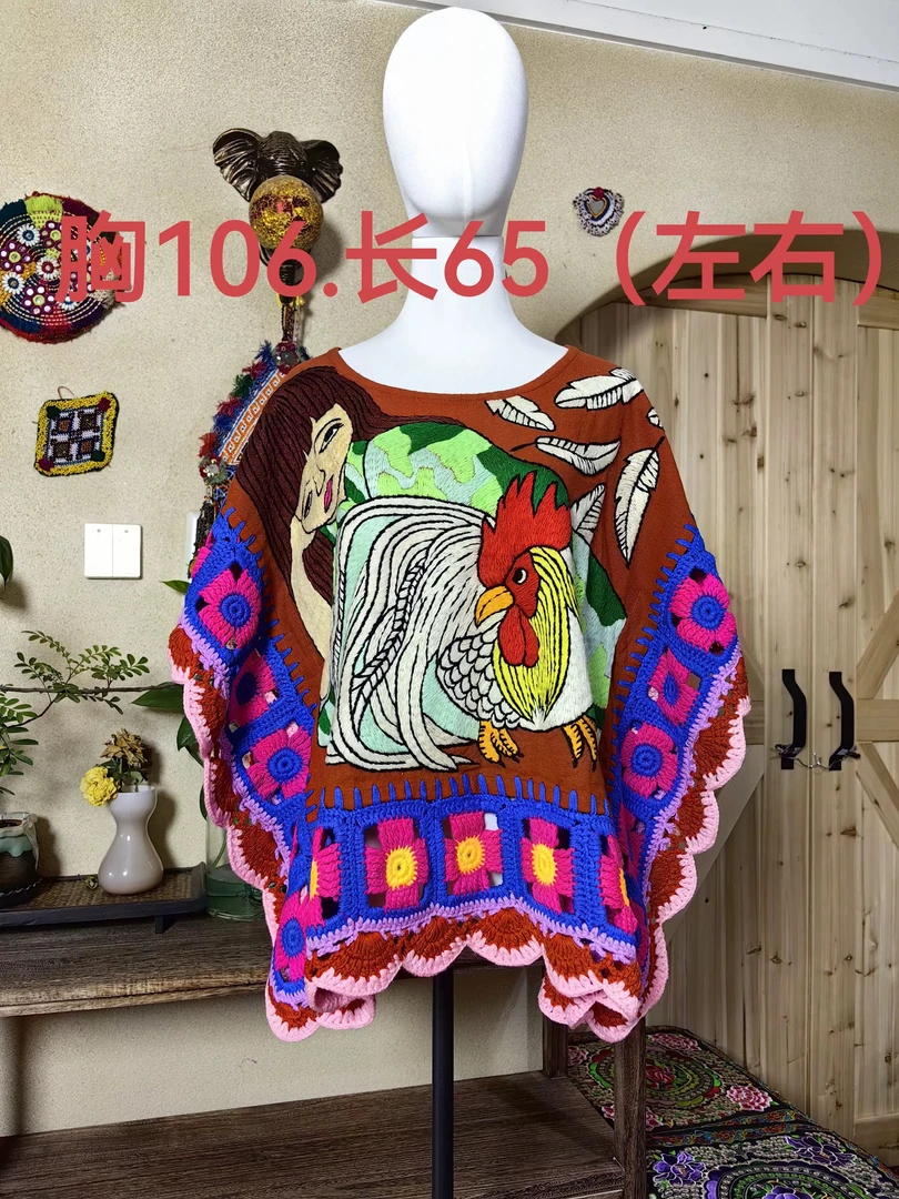 泰国清迈手工刺绣花朵飞袖多层拼接麻料度假网红旅拍上衣