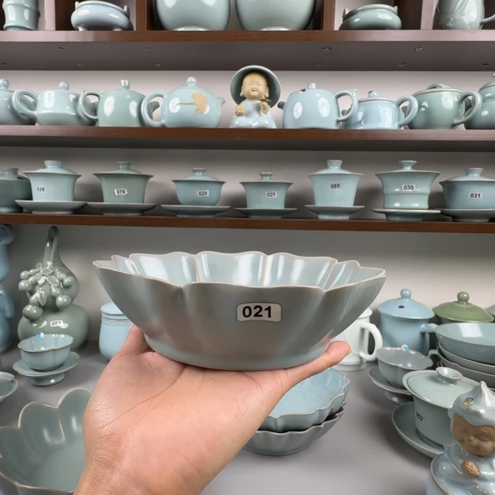 瓷片汝瓷芙蓉盘仿古釉支钉烧大瑕021