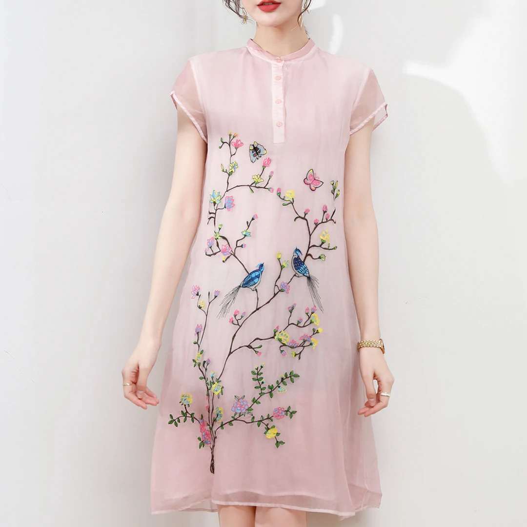 金菊做旧工艺春夏新款中国风刺绣真丝连衣裙桑蚕丝女改良旗袍