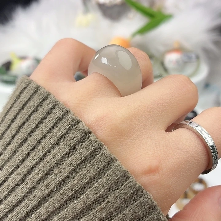 和田玉（糖玉）未镶嵌戒指S121冰灰馒头17.2