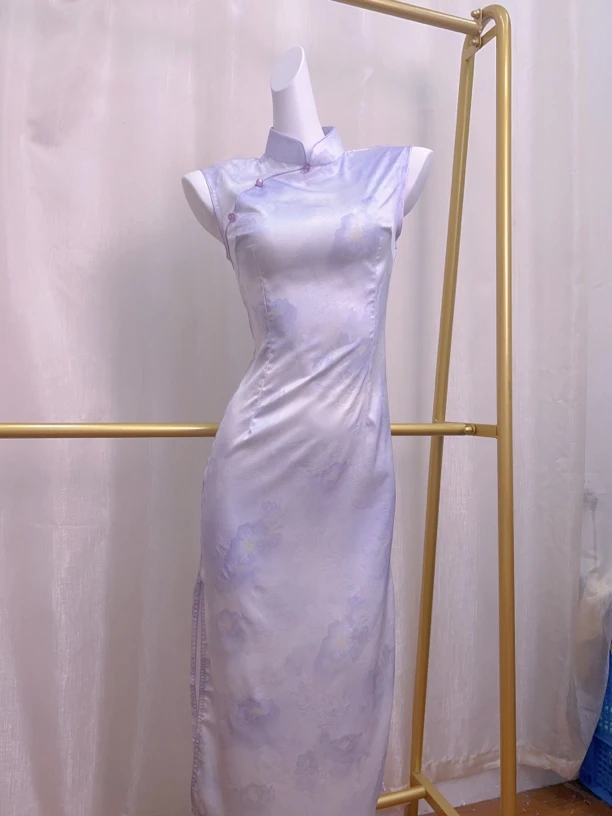 V-3095 忽晚紫 簇酸压花 无袖新中式夏款年轻款改良旗袍120cm长款