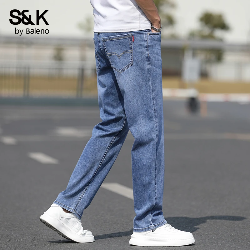 班尼路蓝色弹力牛仔裤男士潮牌直筒宽松大码男装长裤子男夏季薄款