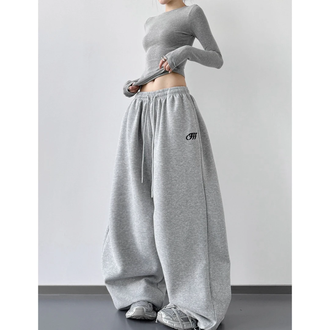 米白色运动裤女2025秋季新款高腰宽松显瘦休闲运动卫裤直筒阔腿