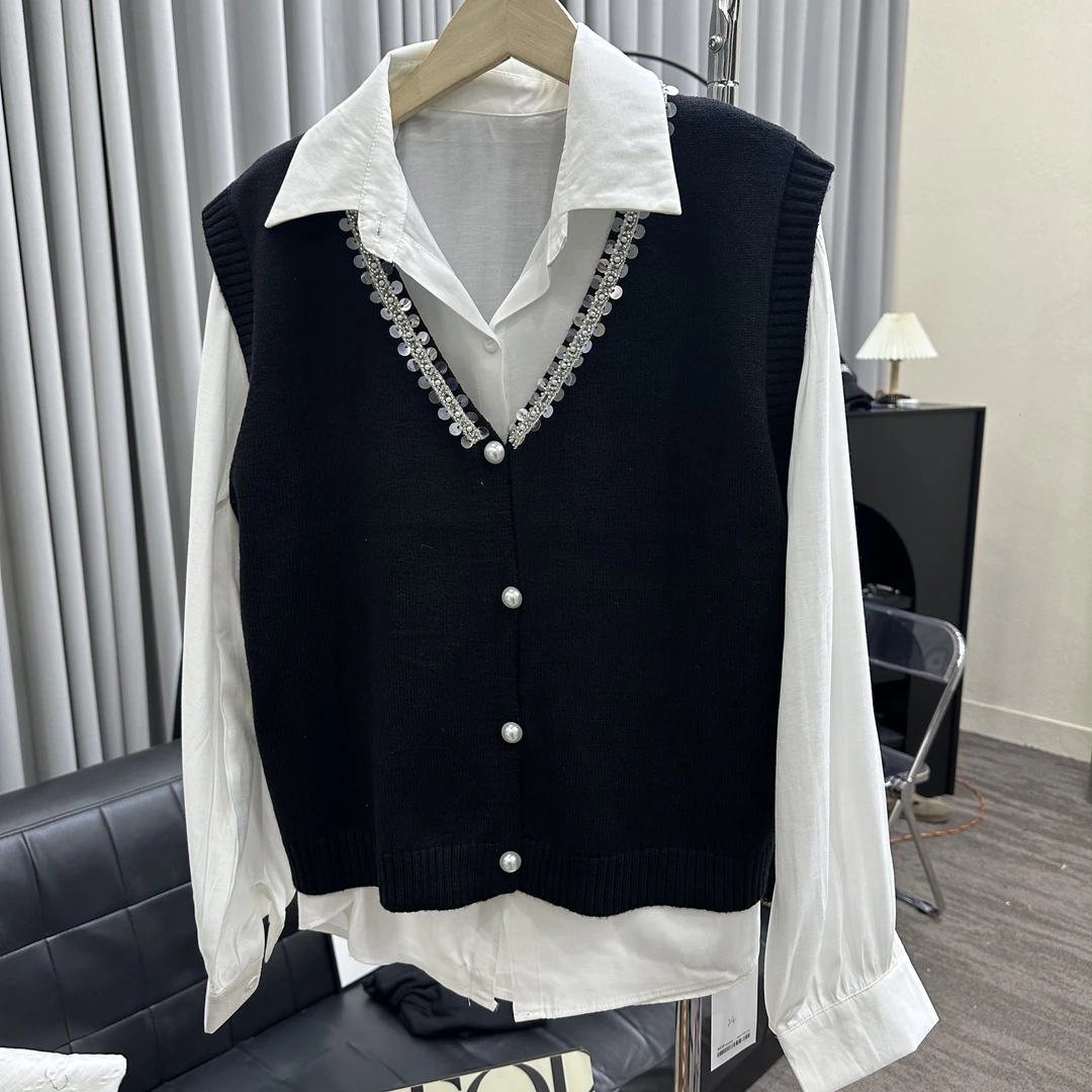 760653–1-CQ黑色真两件套V领亮片排扣针织上衣（80-135）