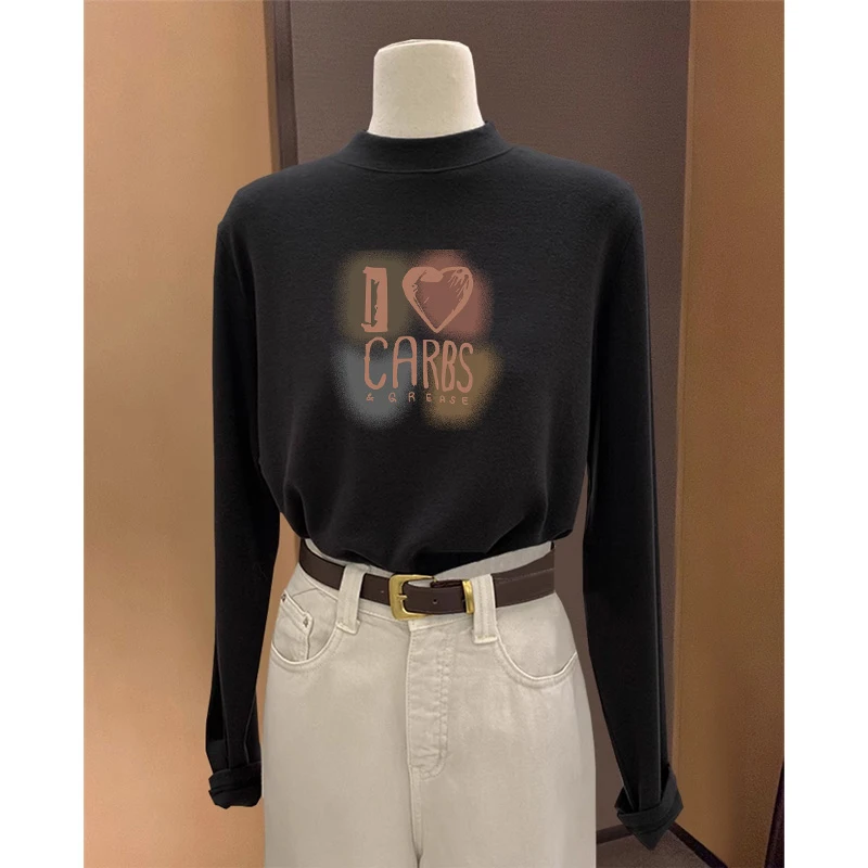 德绒磨毛半高领正肩长袖t恤女加厚款黑色上衣内搭打底衫春秋冬季