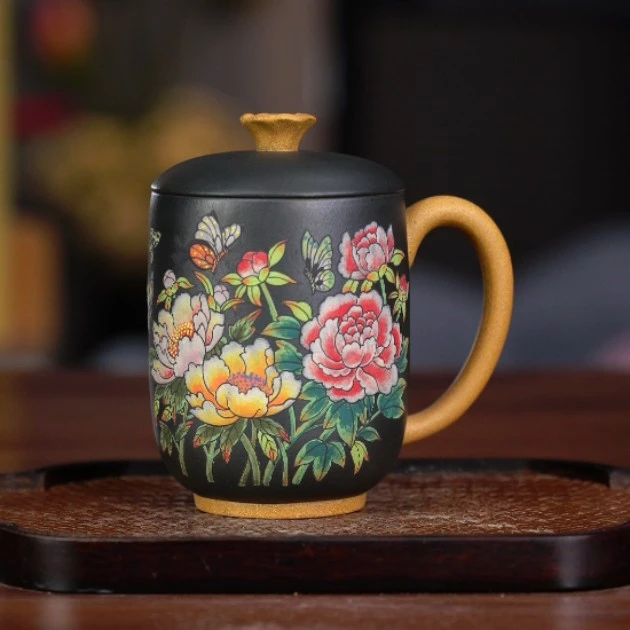 7264 宜兴紫砂茶具黄段粉浆景舟墨绿泥蝶舞牡丹盖杯 FSY 270CC左