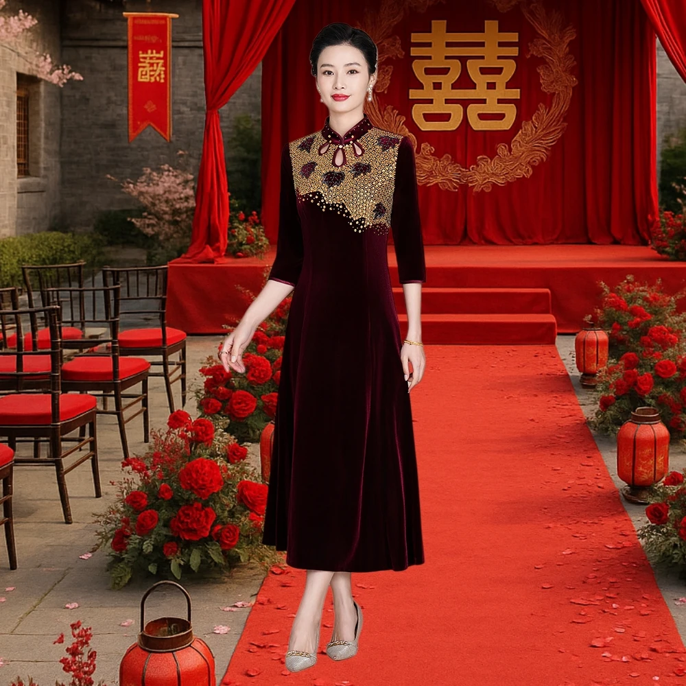 秋冬新中式钉珠喜婆婆婚礼显瘦旗袍中国风高贵喜妈妈宴会大码礼服