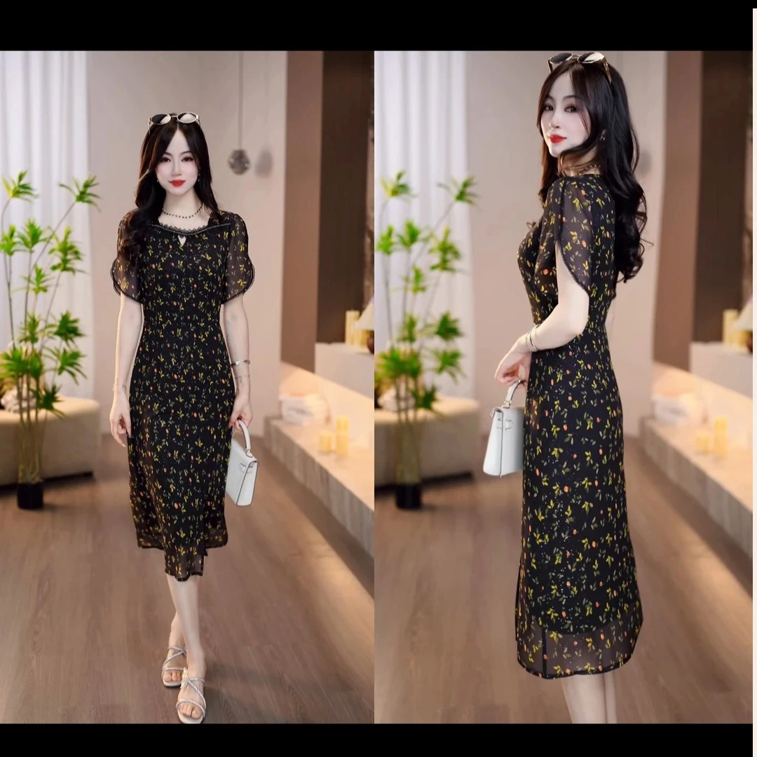 2025夏季新款浪漫法式风情黑色碎花复古时尚经典连衣裙M-4XL