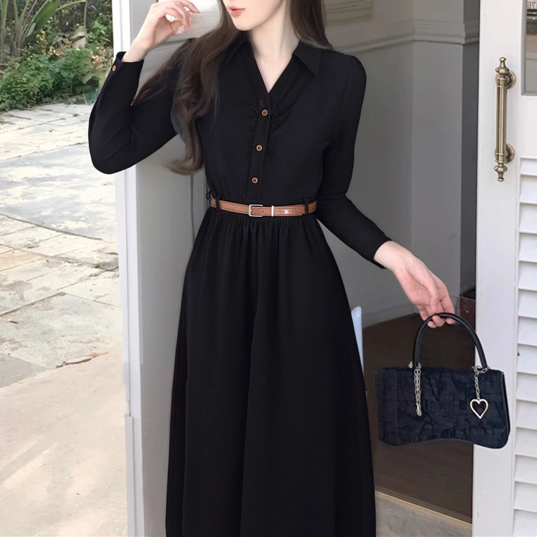 A2025春秋赫本风小黑裙法式收腰连衣裙女高级感小众衬衫裙子D0340