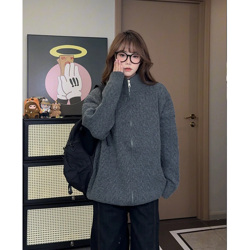 老钱风立体绞花开衫毛衣男女秋冬新款复古宽松立领针织衫情侣卫衣