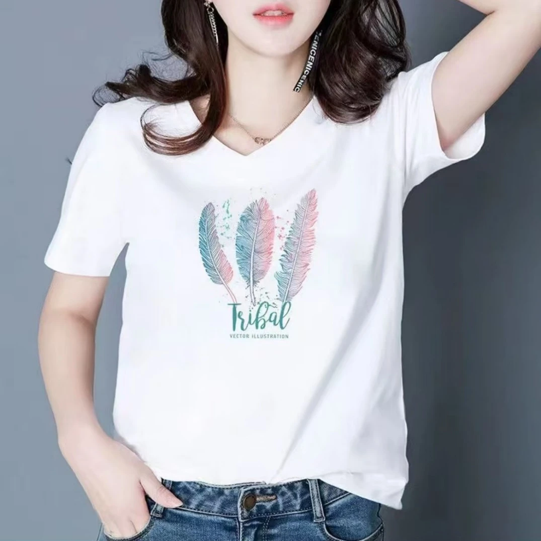 春夏季V领短袖T恤流行款上衣宽松休闲白色打底T恤上衣