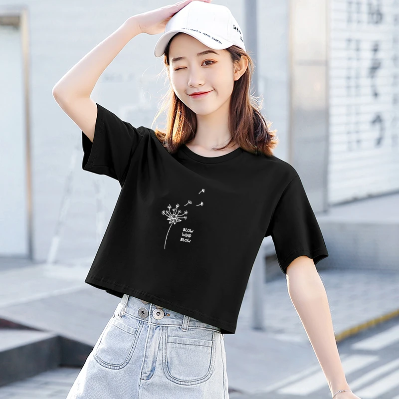 黑色短款t恤女夏装2025年新款宽松大码短袖小个子高腰上衣露脐潮