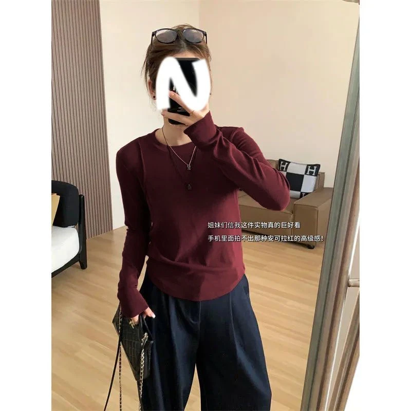 大码200斤休闲简约圆领纯色显瘦遮肉正肩秋季新款长袖t恤女上衣潮