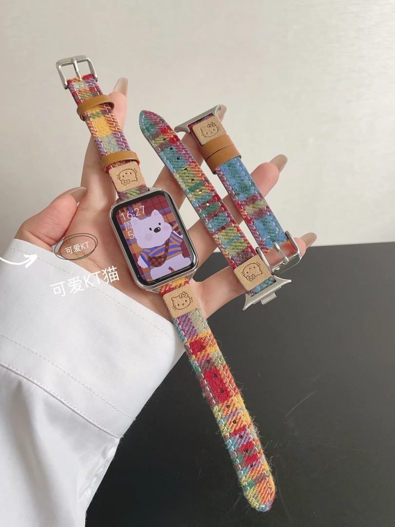 适用于小米手环9pro可爱猫扎染KT表带8pro红米watch5毛呢拼皮腕带