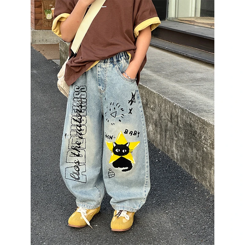 若大王时尚百搭童装百搭儿童个性猫咪刺绣牛仔裤 26081