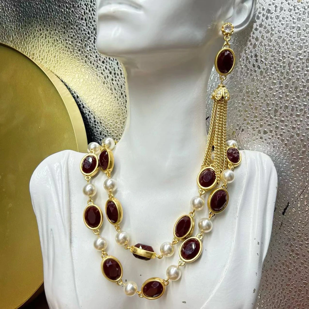 铜合金项链 中古套装西洋古董长款毛衣链琉璃复古欧美首饰套装