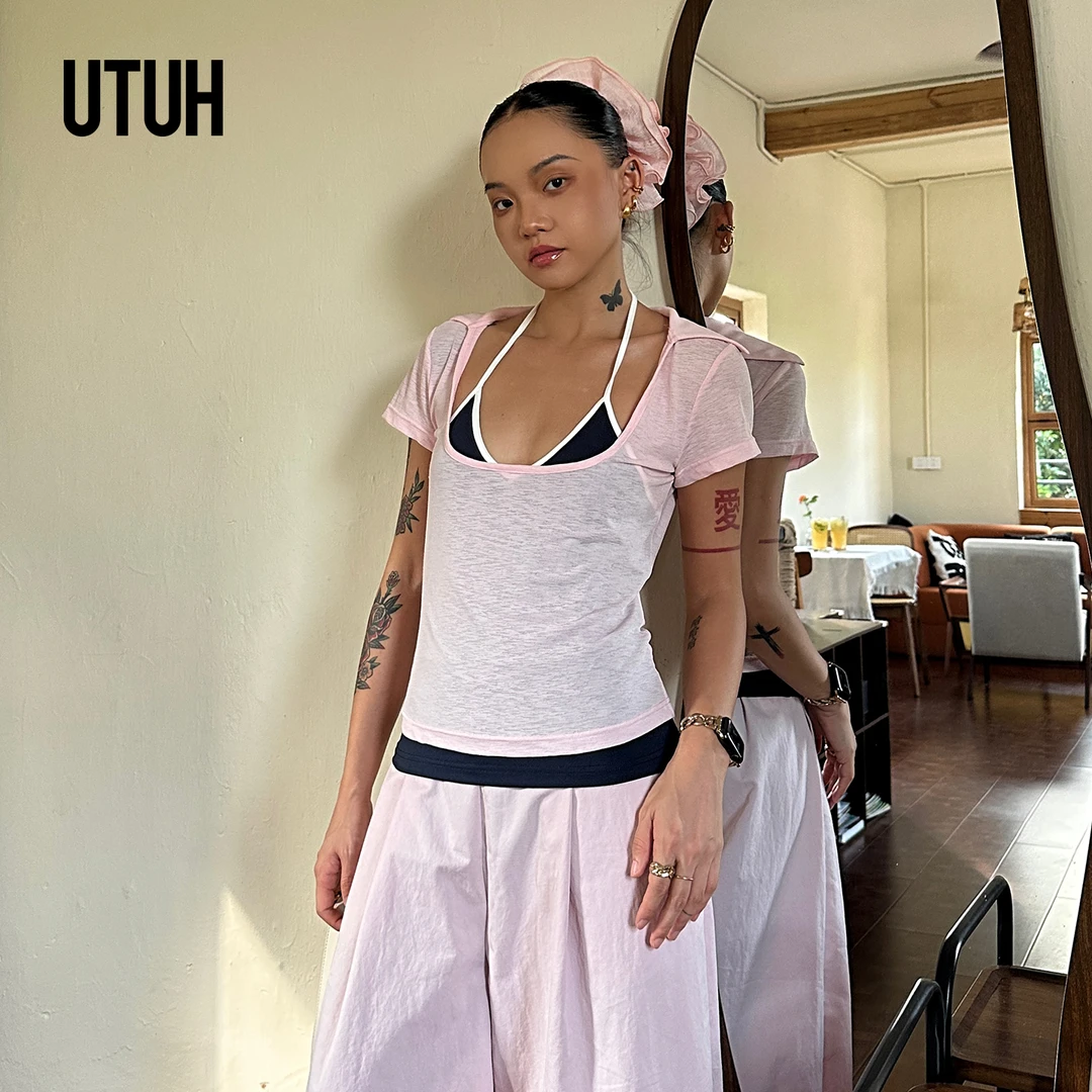UTUH 浅粉/绿色撞色叠穿真两件套上衣女 TDWWR4N230 TDWWR4N230-1