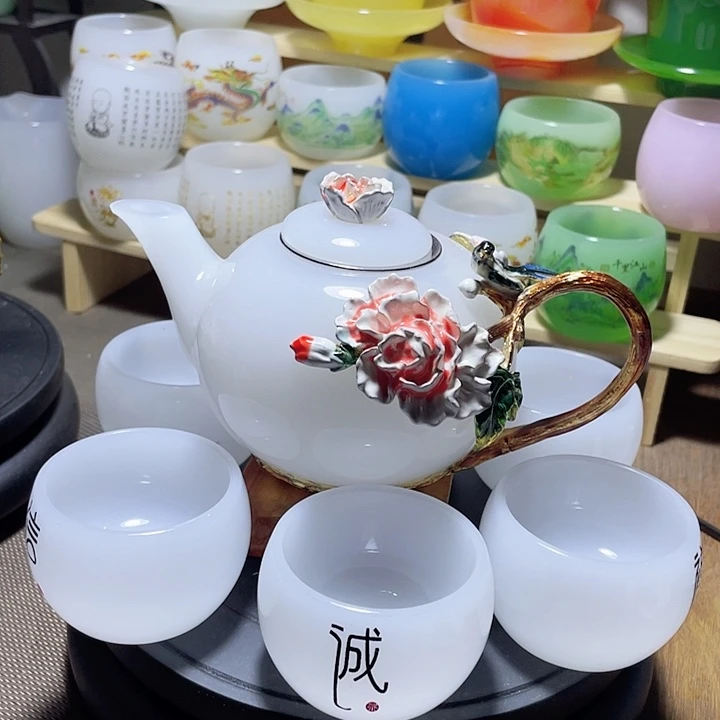 琉璃中式珐琅彩花开富贵一壶六杯礼盒套装