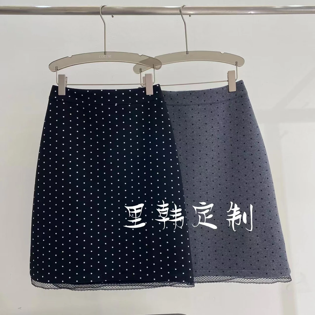 【里韩定制】毛呢蕾丝拼接波点裙2025冬新款高腰显瘦百搭半裙33353