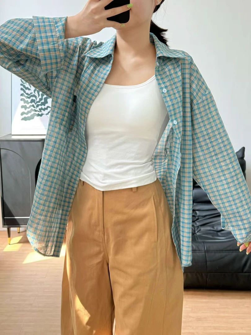 【现货】小众韩系休闲运动格子衬衫薄款夏季衬衣百搭宽松慵懒风上衣