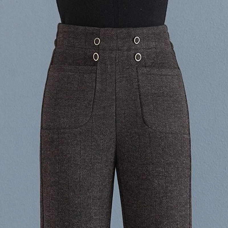 加厚加绒羊毛呢微喇裤女秋冬休闲女裤显瘦中老年宽松高腰休闲裤