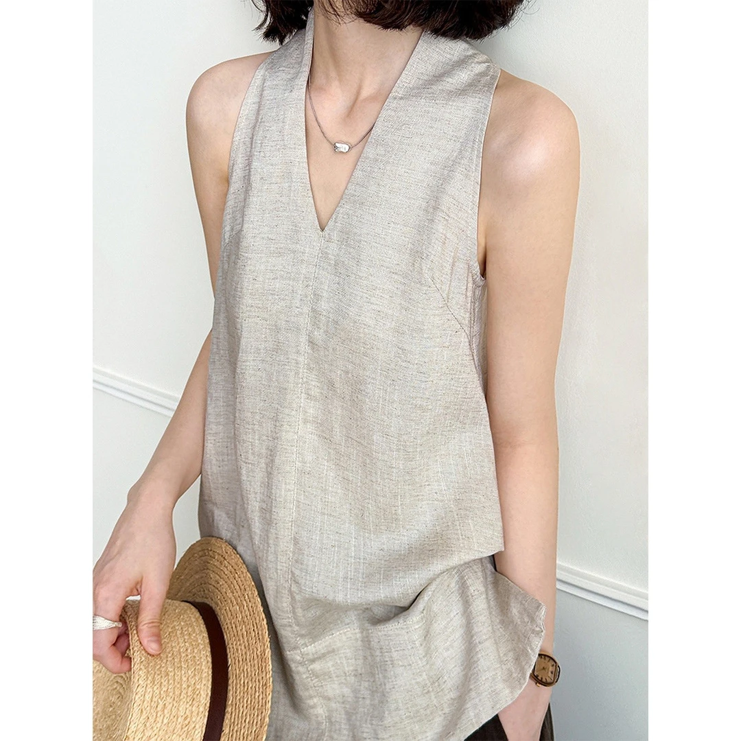 浅色挂脖挖肩老钱风衬衫女款无袖背心设计感小众轻熟上衣