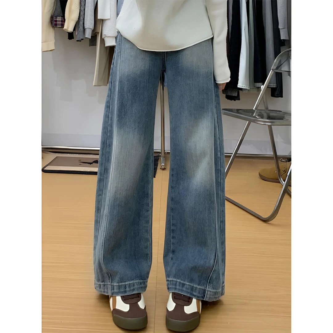 美式复古阔腿牛仔裤女秋冬新款胖妹妹mm高腰宽松显瘦直筒阔腿长裤