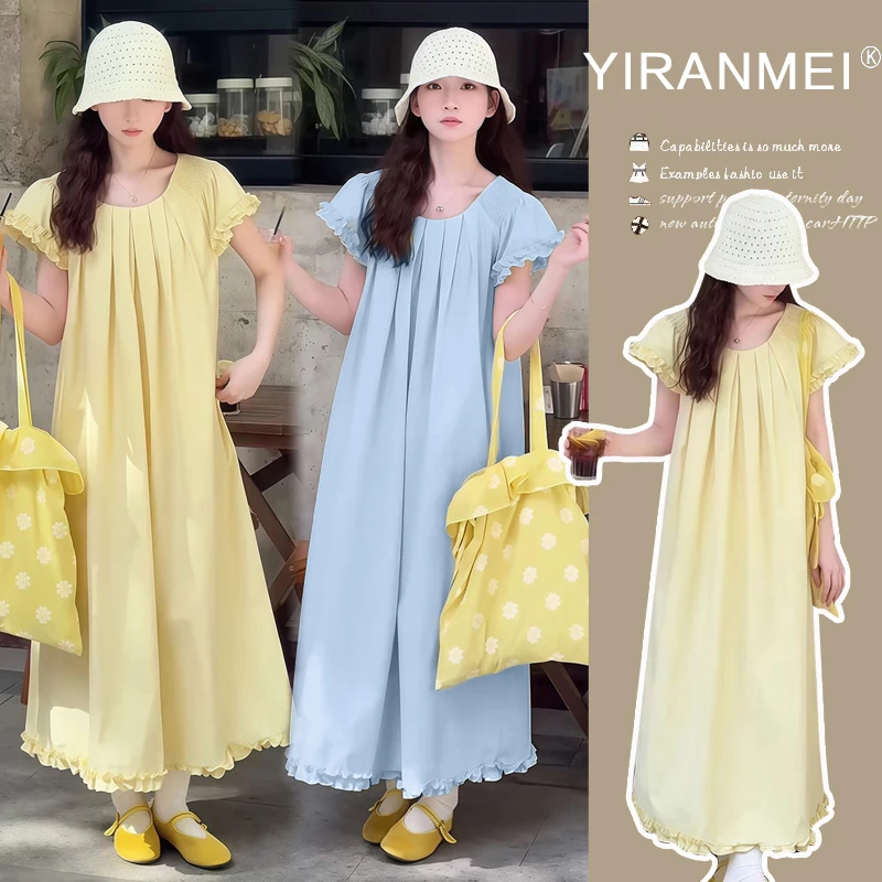 2025夏季温柔甜美设计木耳花边短袖孕妇装连衣裙遮肚宽松大码长裙